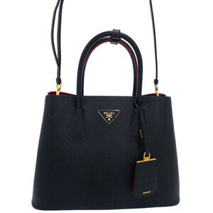 Prada Double Tote Bag black Saffiano leather top handles red interior